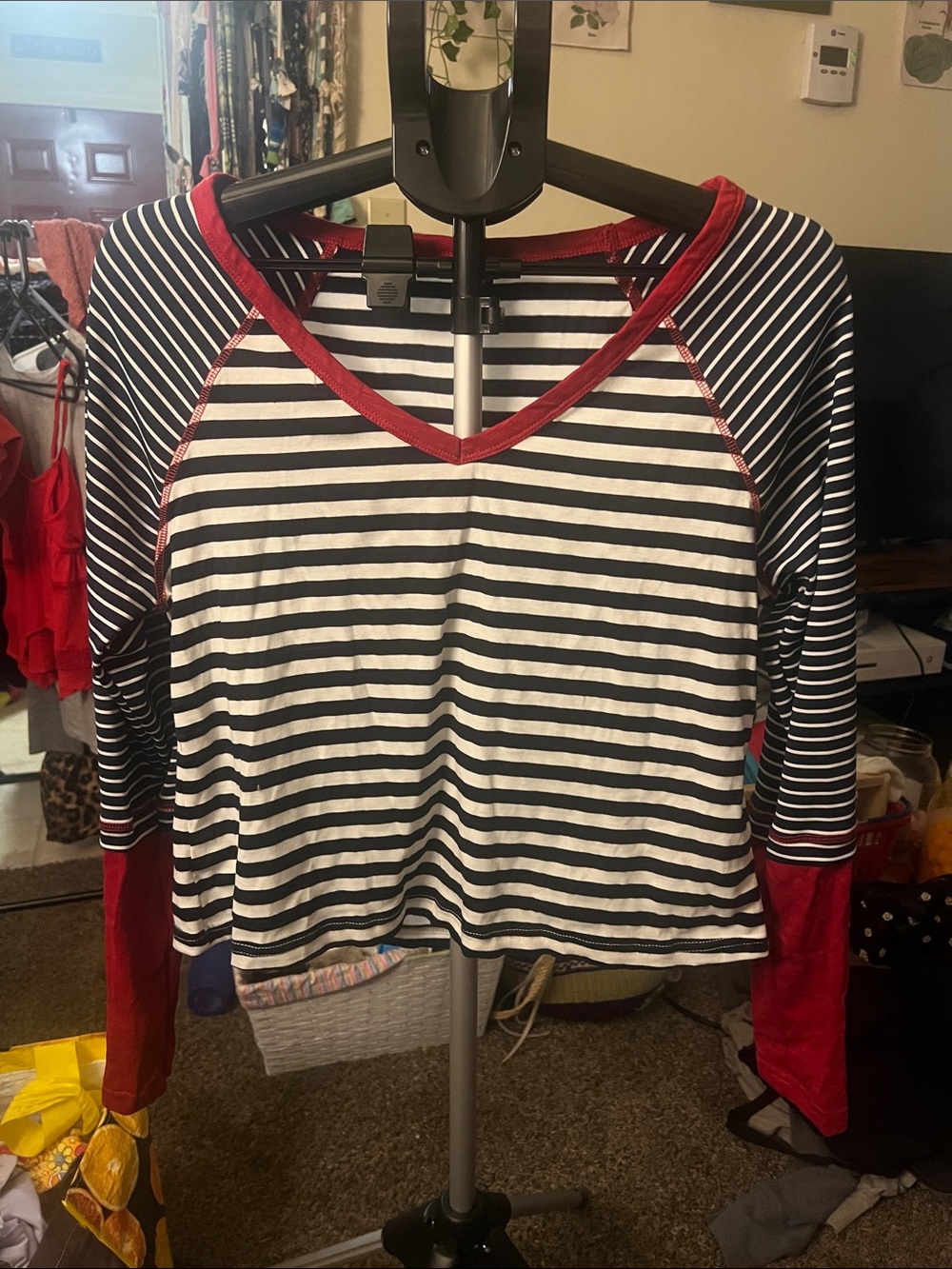 SHEIN Black & White Striped V-Neck Long Sleeve Top with Red Trim